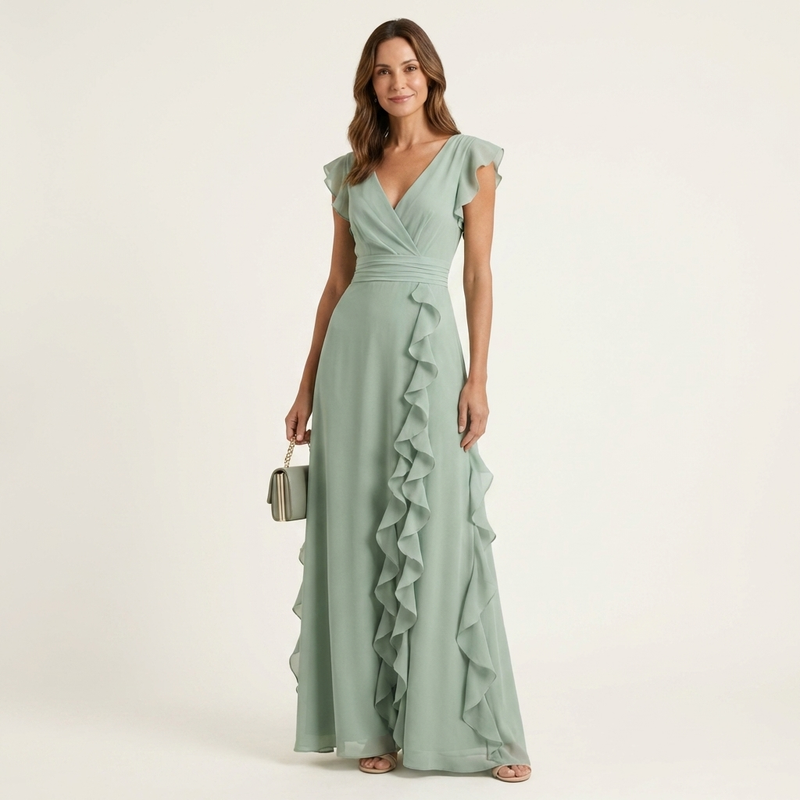 Nellyana | Robe maxi à col en V croisé, manches à volants et cascade de volants