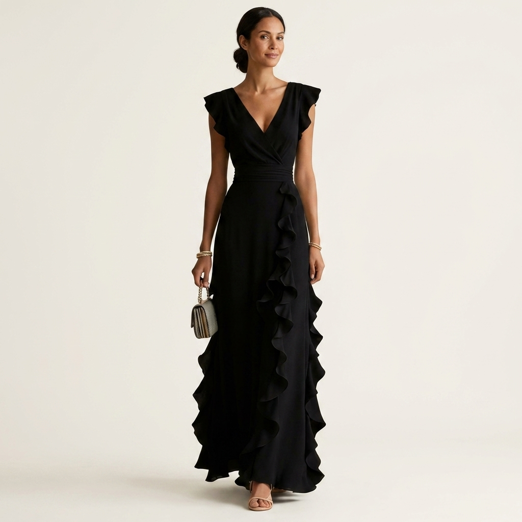 Nellyana | Robe maxi à col en V croisé, manches à volants et cascade de volants