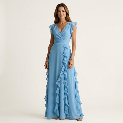 Nellyana | Robe maxi à col en V croisé, manches à volants et cascade de volants