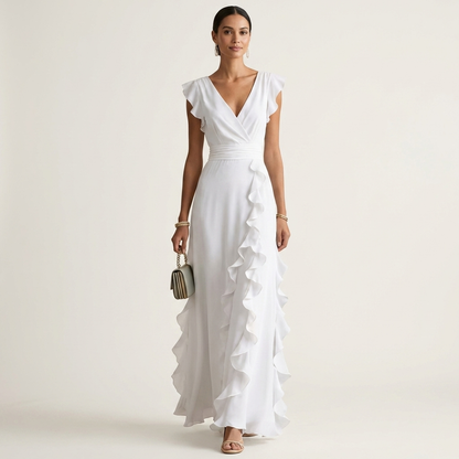 Nellyana | Robe maxi à col en V croisé, manches à volants et cascade de volants