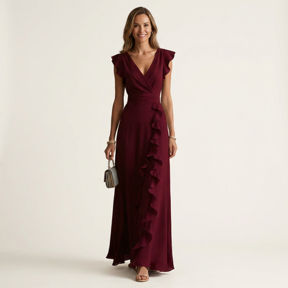 Nellyana | Robe maxi à col en V croisé, manches à volants et cascade de volants