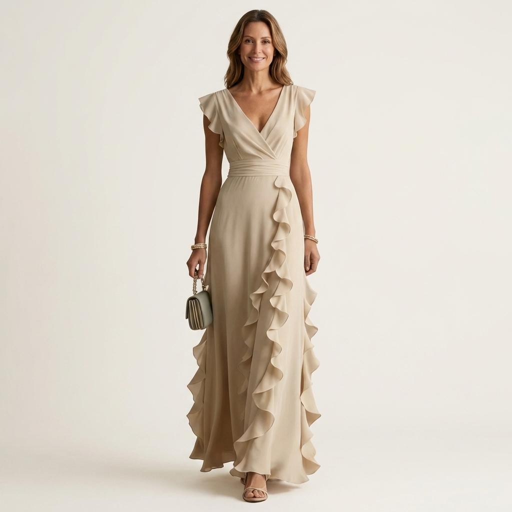 Nellyana | Robe maxi à col en V croisé, manches à volants et cascade de volants
