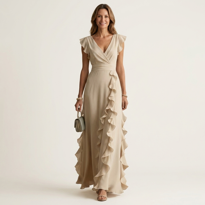 Nellyana | Robe maxi à col en V croisé, manches à volants et cascade de volants