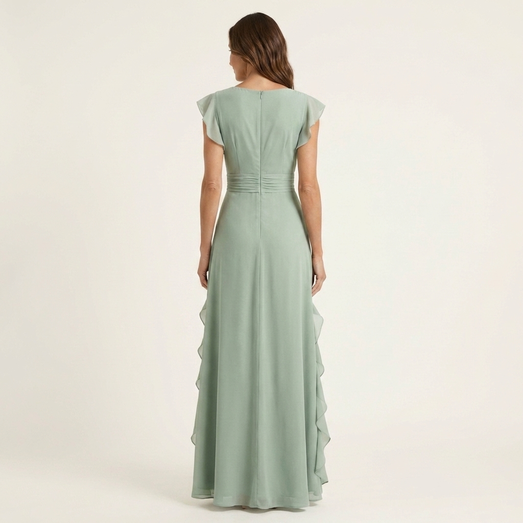Nellyana | Robe maxi à col en V croisé, manches à volants et cascade de volants
