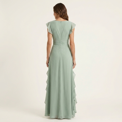 Nellyana | Robe maxi à col en V croisé, manches à volants et cascade de volants