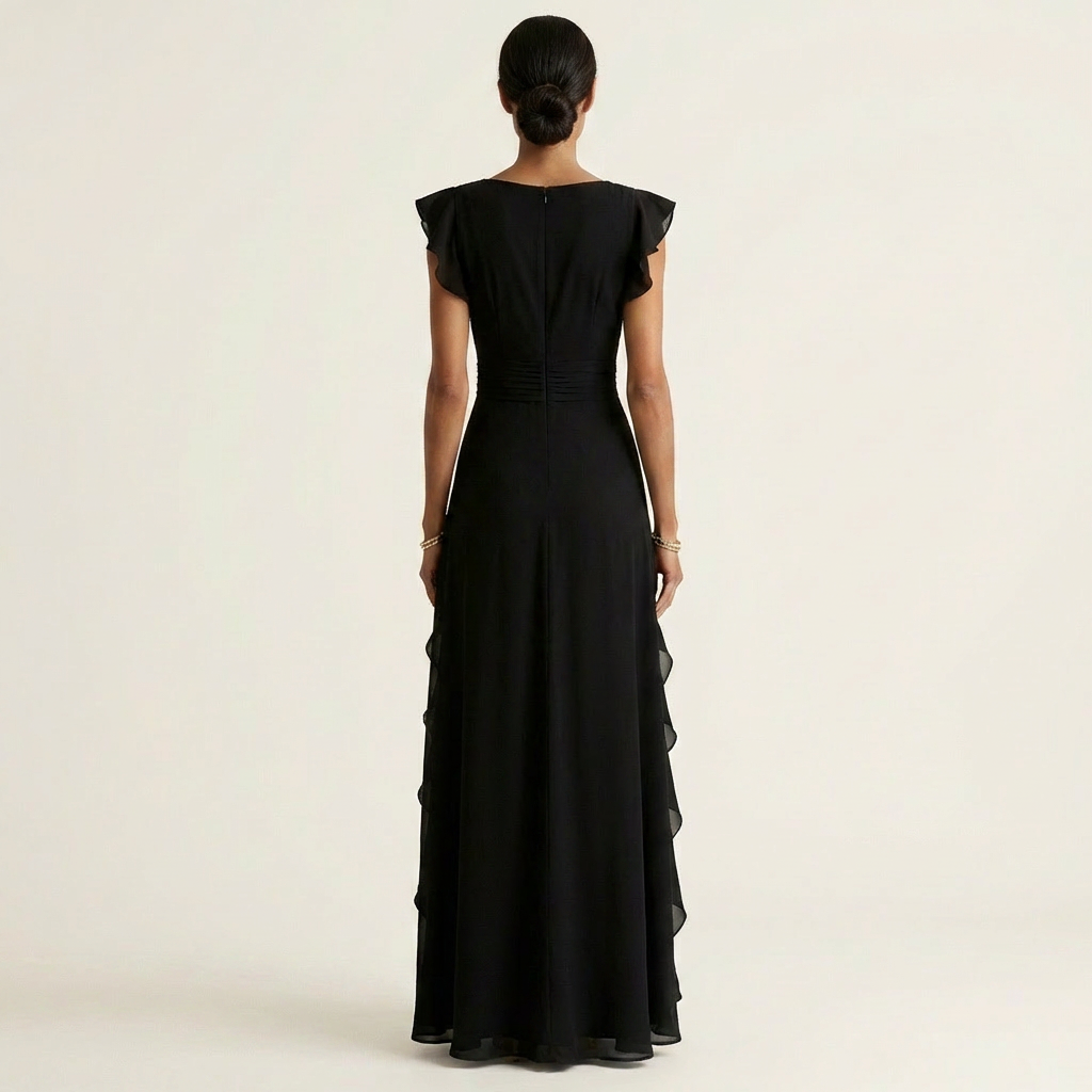 Nellyana | Robe maxi à col en V croisé, manches à volants et cascade de volants