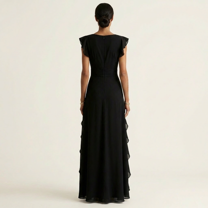 Nellyana | Robe maxi à col en V croisé, manches à volants et cascade de volants