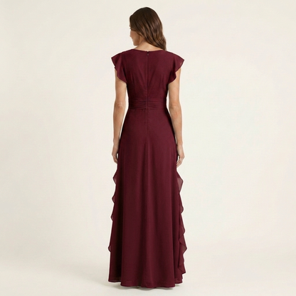 Nellyana | Robe maxi à col en V croisé, manches à volants et cascade de volants