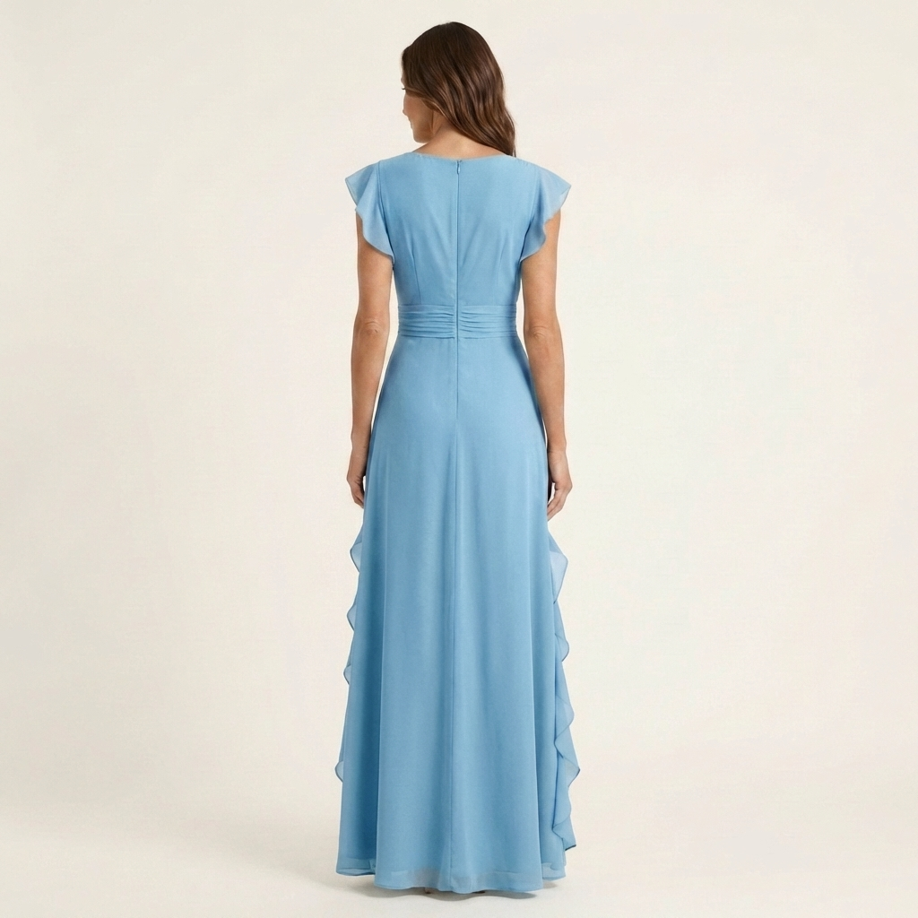 Nellyana | Robe maxi à col en V croisé, manches à volants et cascade de volants