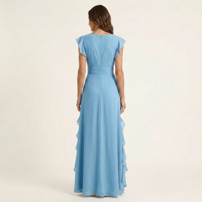 Nellyana | Robe maxi à col en V croisé, manches à volants et cascade de volants