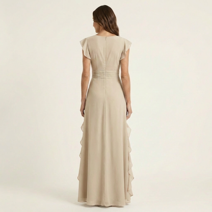 Nellyana | Robe maxi à col en V croisé, manches à volants et cascade de volants