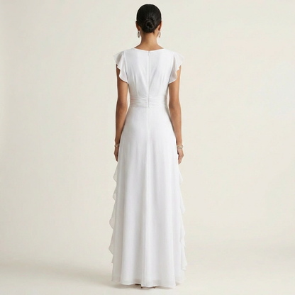Nellyana | Robe maxi à col en V croisé, manches à volants et cascade de volants
