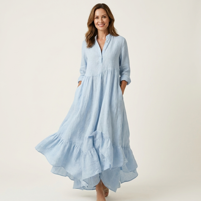 Jilana | Robe maxi à col montant, boutonnage et ourlet à volants