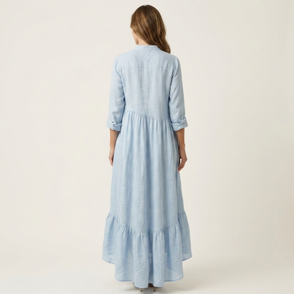 Jilana | Robe maxi à col montant, boutonnage et ourlet à volants
