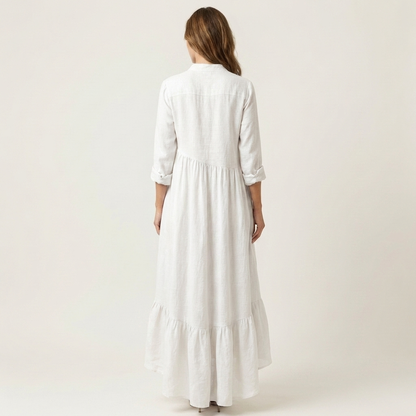 Jilana | Robe maxi à col montant, boutonnage et ourlet à volants