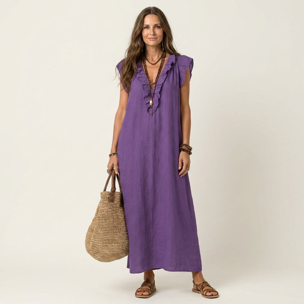 Josette | Robe maxi en lin à col en V à volants