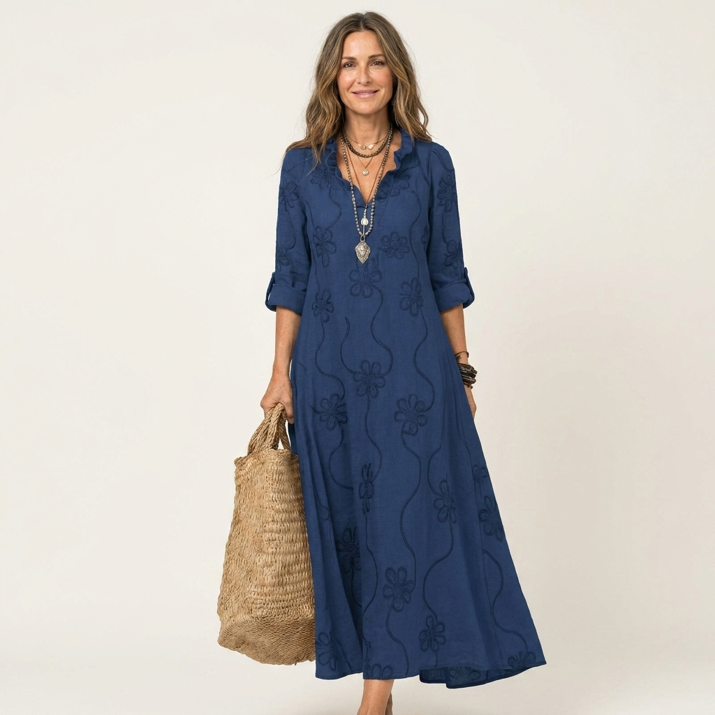Mariam | Robe maxi en coton-lin à broderie florale tonale
