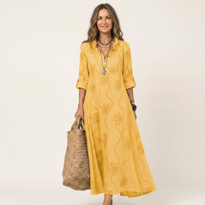Mariam | Robe maxi en coton-lin à broderie florale tonale