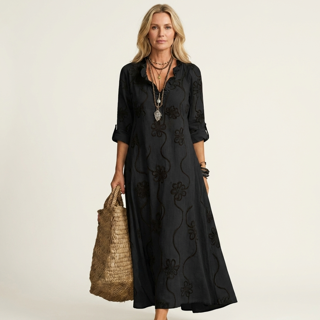 Mariam | Robe maxi en coton-lin à broderie florale tonale