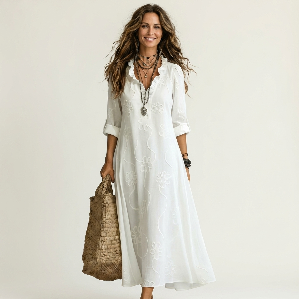 Mariam | Robe maxi en coton-lin à broderie florale tonale
