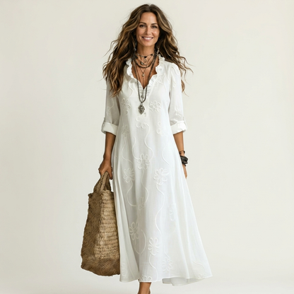 Mariam | Robe maxi en coton-lin à broderie florale tonale