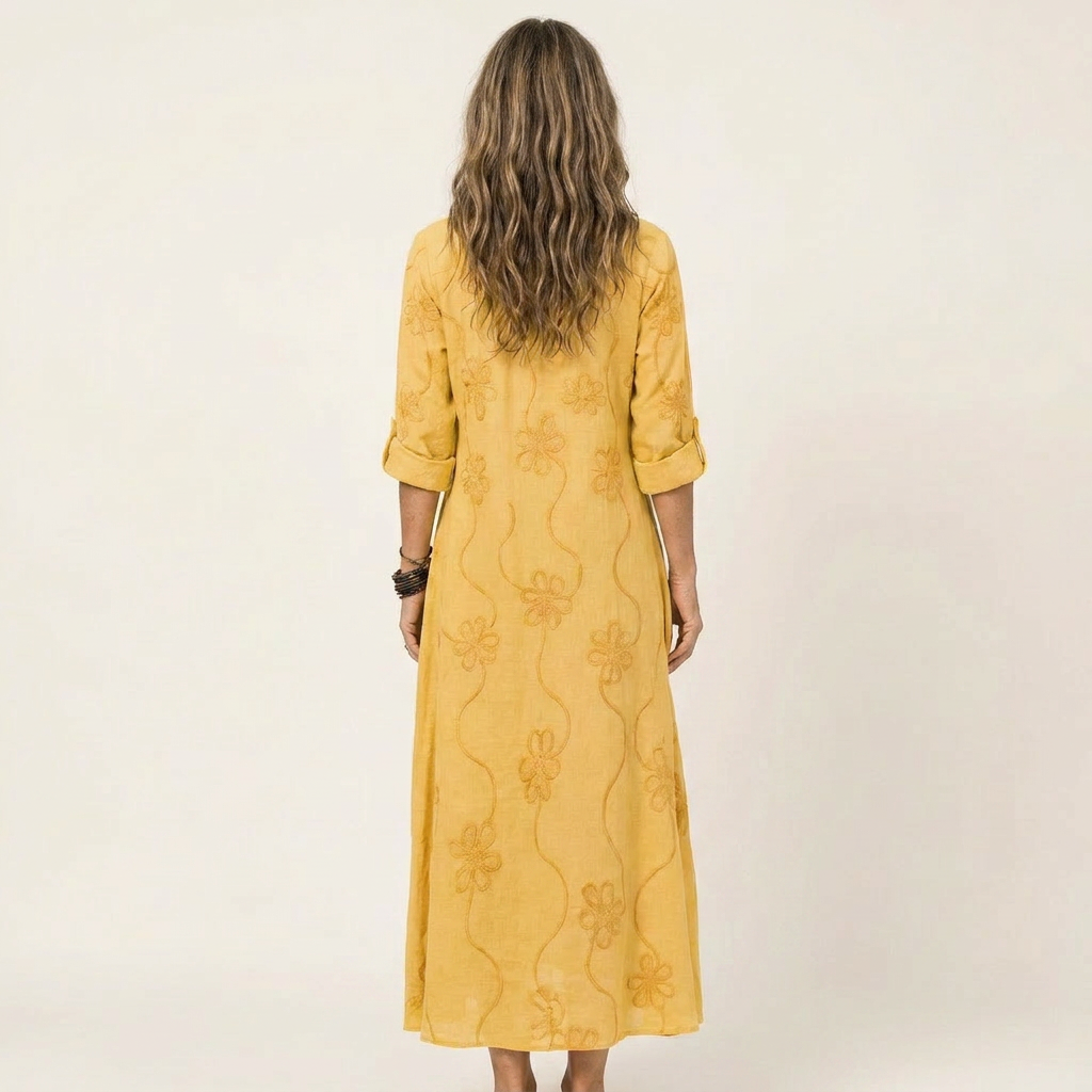 Mariam | Robe maxi en coton-lin à broderie florale tonale