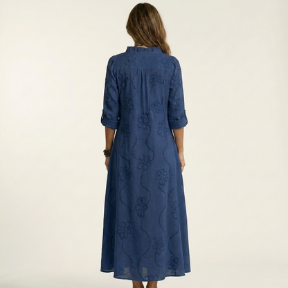Mariam | Robe maxi en coton-lin à broderie florale tonale