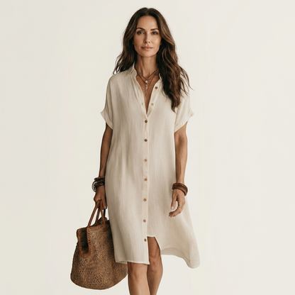 Nidalie | Robe chemise midi en coton-lin à poignets retroussés