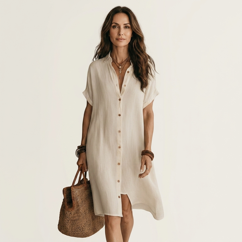 Nidalie | Robe chemise midi en coton-lin à poignets retroussés