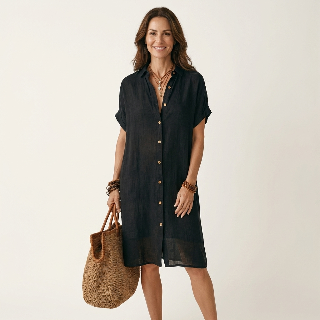 Nidalie | Robe chemise midi en coton-lin à poignets retroussés