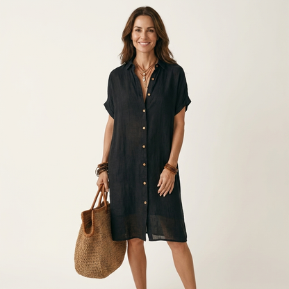 Nidalie | Robe chemise midi en coton-lin à poignets retroussés