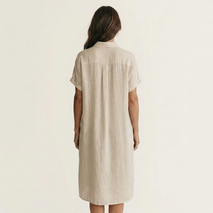 Nidalie | Robe chemise midi en coton-lin à poignets retroussés