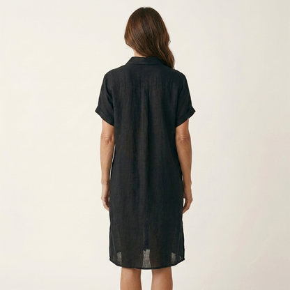 Nidalie | Robe chemise midi en coton-lin à poignets retroussés
