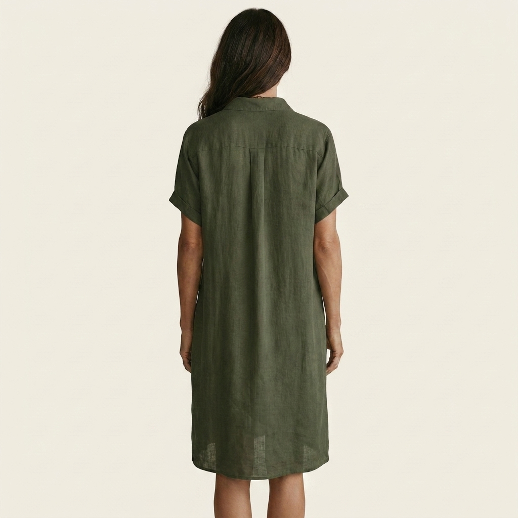 Nidalie | Robe chemise midi en coton-lin à poignets retroussés