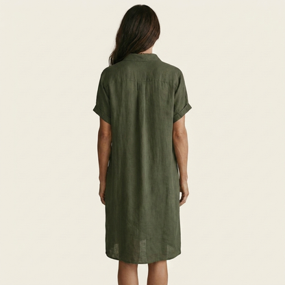 Nidalie | Robe chemise midi en coton-lin à poignets retroussés