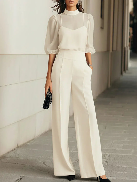 Valentina • Ensemble noir trois pièces avec haut camisole transparent et pantalon à jambes larges • S1