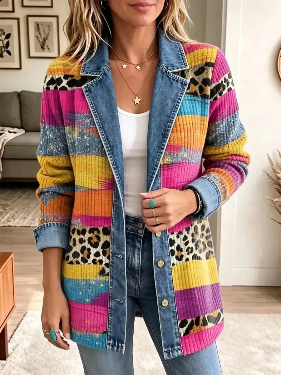 Victoria | Veste rétro en denim à motif léopard coloré