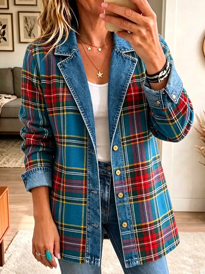 Grace | Blazer femme à carreaux tartan et empiècements denim