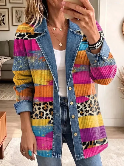 Victoria | Veste rétro en denim à motif léopard coloré