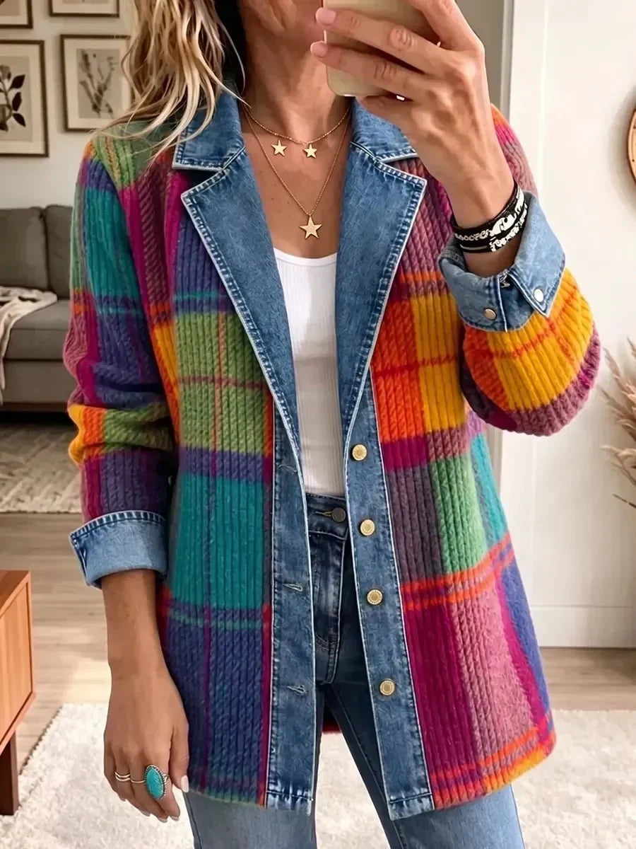 Emma | Veste vintage élégante en patchwork denim à carreaux