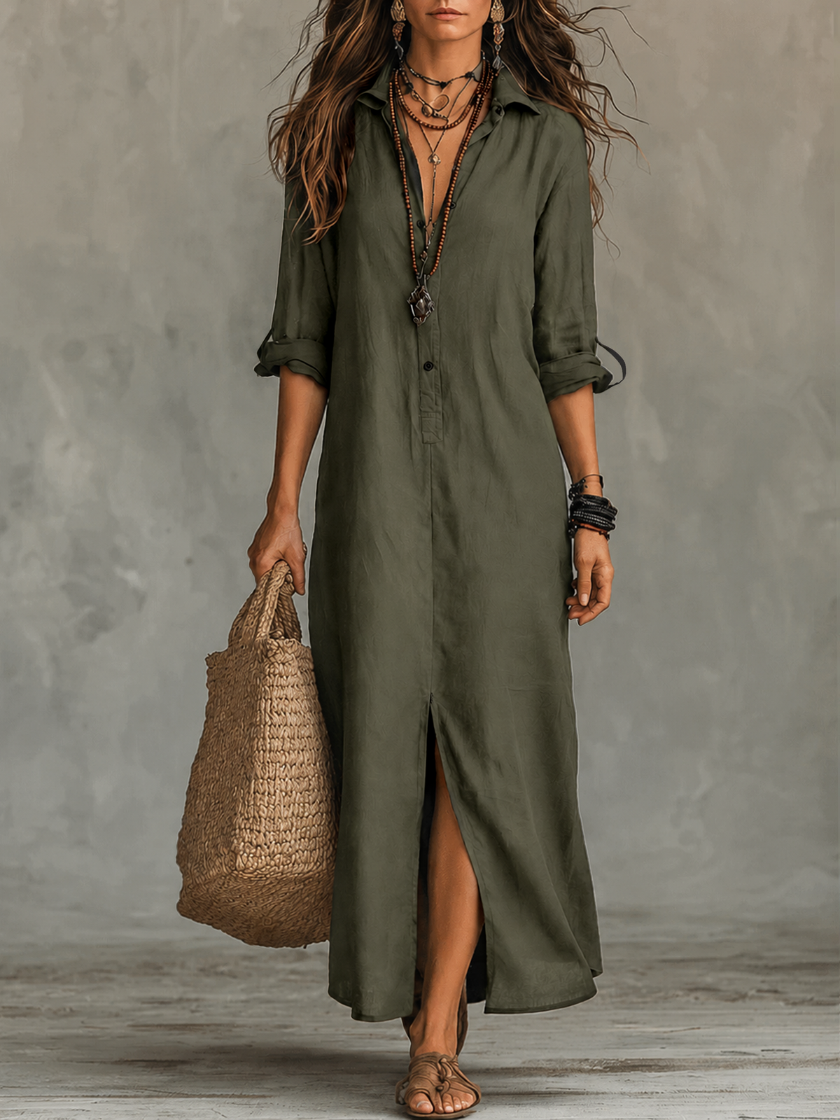Robe chemise longue bohème à boutonnage devant