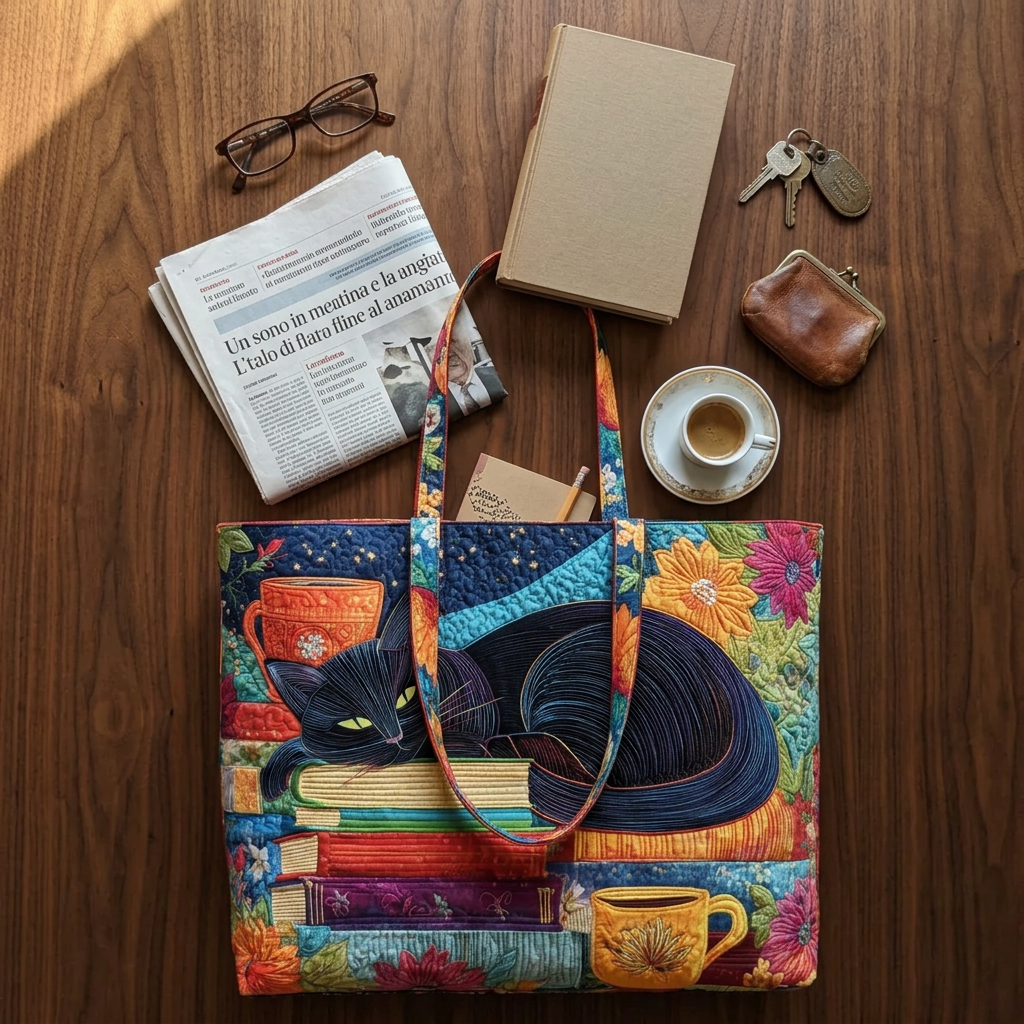 CHAT NOIR, LIVRES ET TASSES | Deux tailles