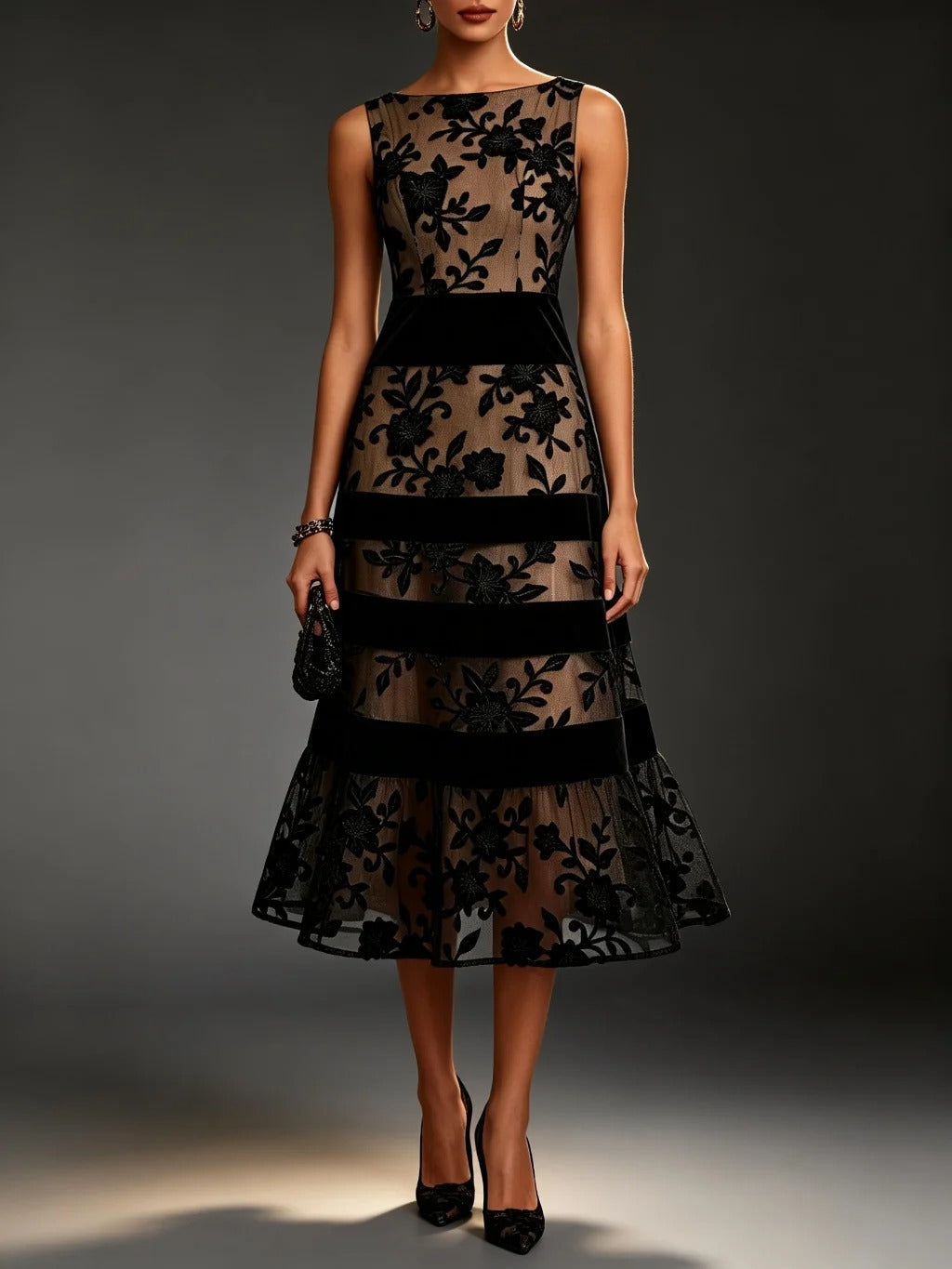 Robe Midi en Dentelle Florale à Volants Étagés DESSIE