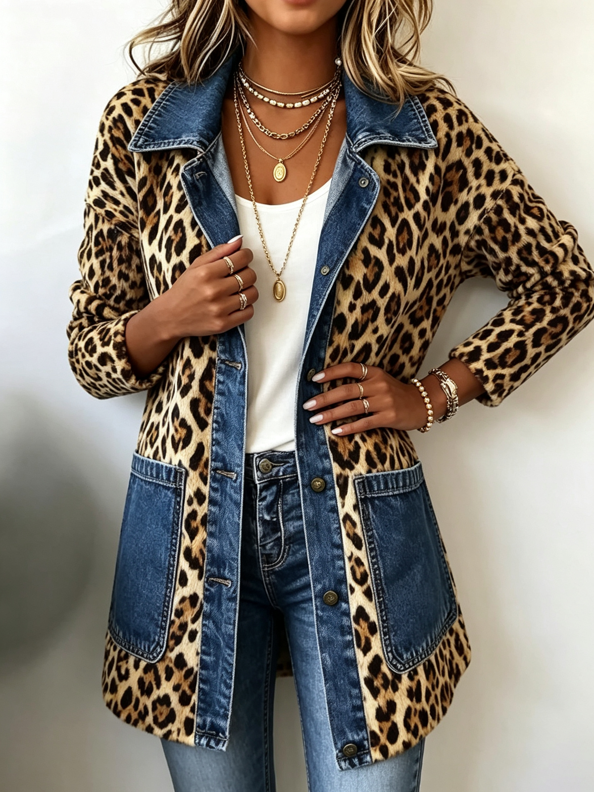 Fablenne™ | Veste longue contrastée à imprimé léopard et empiècements denim