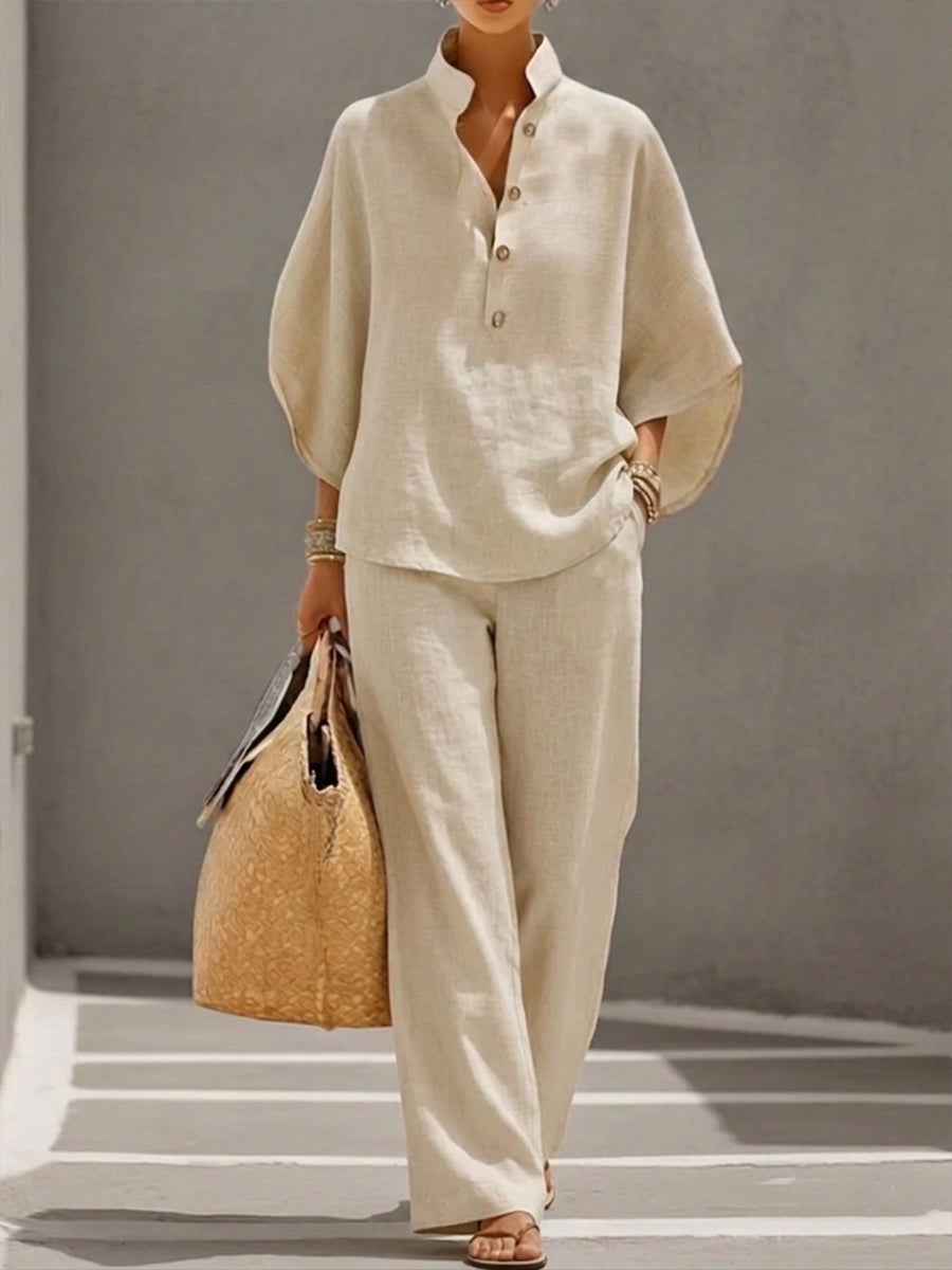 Eszter™ – Ensemble coton et lin avec manches chauve-souris et pantalon à jambes larges • S1
