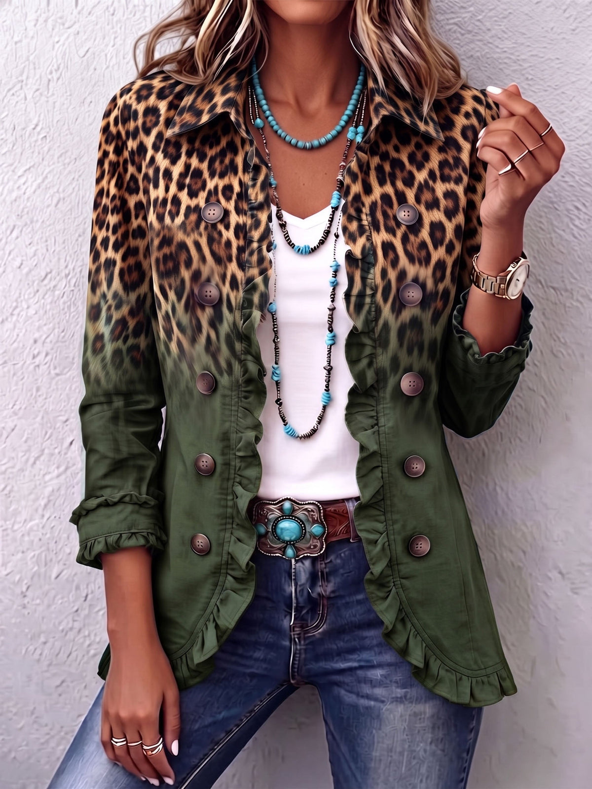 Elspeth™ | Blazer à volants à imprimé léopard ombré
