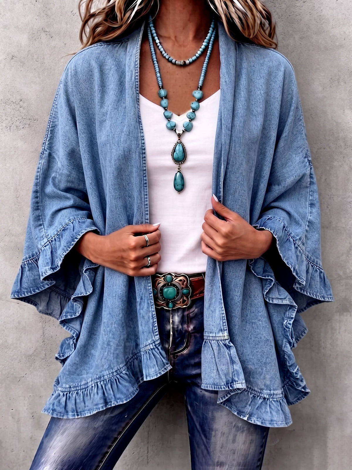 Cardigan en Jean Bohème Chic à Volants CORINNE