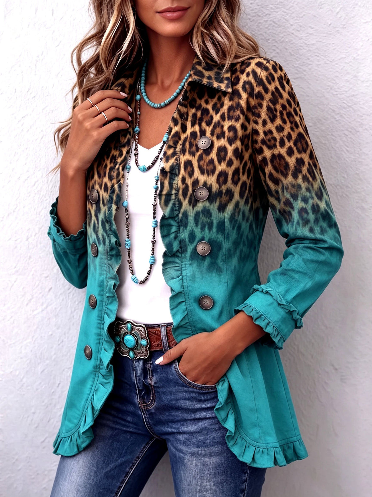 Elspeth™ | Blazer à volants à imprimé léopard ombré