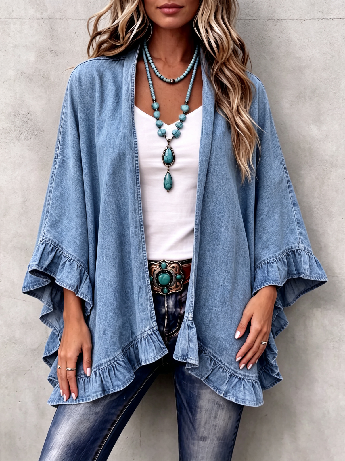Cardigan en Jean Bohème Chic à Volants CORINNE