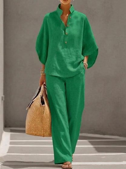 Eszter™ – Ensemble coton et lin avec manches chauve-souris et pantalon à jambes larges • S1